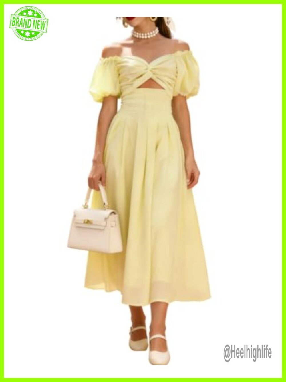 Women's Off Shoulder Puff Sleeve Twist Front Cut Out A-Line Maxi Dress with